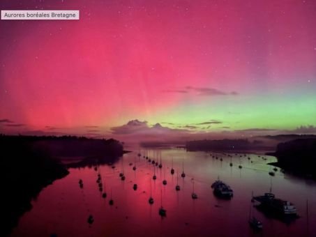 Aurores boréales dans la nuit du 19 au 20 janvier 2026 visibles depuis le pont de Bénodet, en Bretagne.