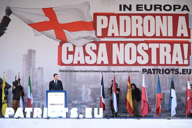Le président du Rassemblement national (RN), Jordan Bardella, lors du rassemblement organisé par le groupe Les Patriotes pour l’Europe intitulé « Sans peur : en Europe, patrons chez nous » à Milan, le 18 avril 2026.