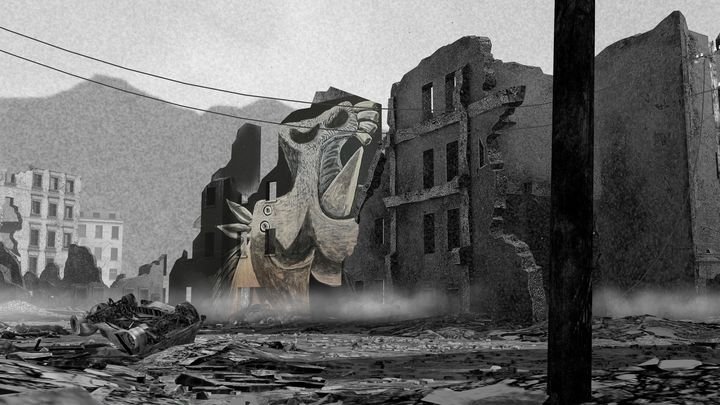 Séquence extraite de l'expérience de réalité virtuelle "Les métamorphoses de Guernica" au musée Picasso-Paris du 8 avril au 6 septembre 2026. (LUCID REALITIES / MUSEE NATIONAL PICASSO-PARIS / VIVE ARTS 2026)