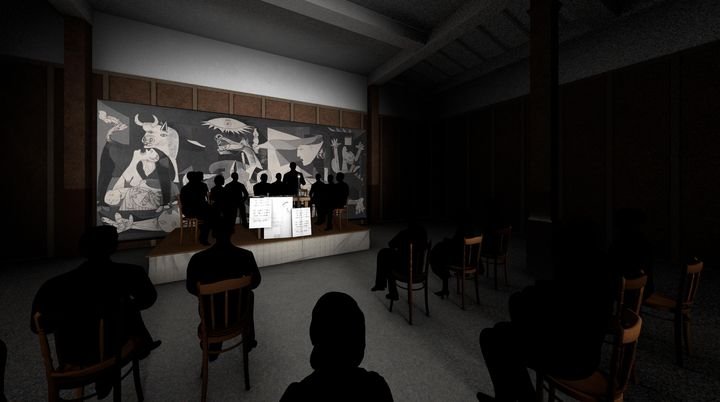 Séquence illustrant la présentation à Londres du tableau en 1938 pour lever des fonds dans l'expérience de réalité virtuelle "Les métamorphoses de Guernica"réalisée par Nicolas Thépot. (LUCID REALITIES / MUSEE NATIONAL PICASSO-PARIS / VIVE ARTS 2026)