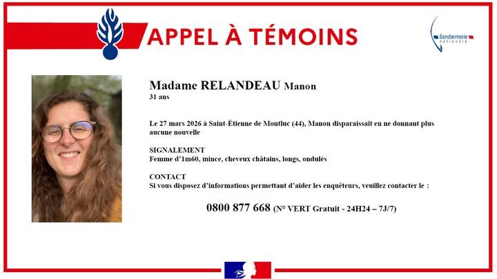 La gendarmerie a publié un appel à témoins pour retrouver Manon Relandeau, le 22 avril 2026. (FRANCEINFO)