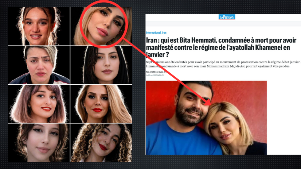 De gauche à droite et de haut en bas : Panah Movahedi, Bita Hemmati, Mahboubeh Shabani, Ensieh Nejati, Venus Hosseinnejad, Golnaz Naraghi, Diana Taherabadi et Venus Hosseinnejad. D'autres photos de Bita Hemmati (en rouge) ont circulé depuis sa condamnation à mort, comme ici dans le média Le Parisien le 20 avril 2026.