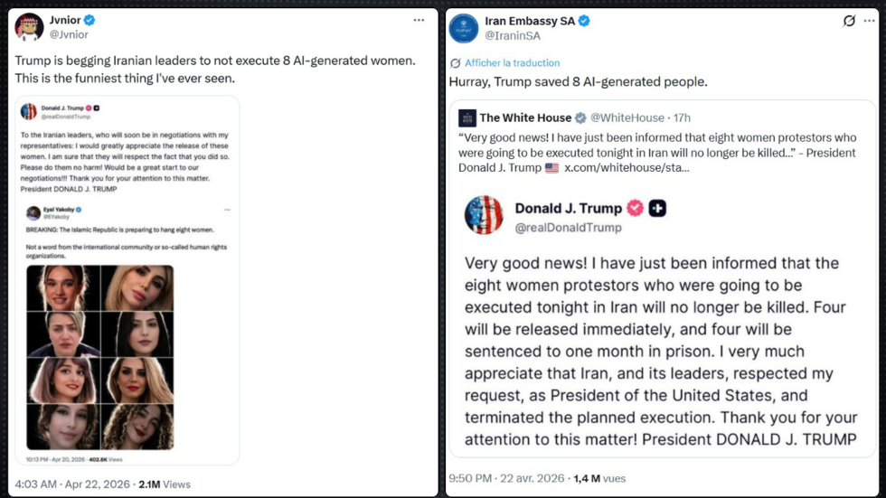 A gauche, publication vue plus de deux millions de fois sur X d'un compte se disant pro-palestinien, qui affirme que Donald Trump a "supplié les leaders iraniens de ne pas exécuter huit femmes générées par IA". À droite, publication de l'ambassade d'Iran en Afrique du Sud qui moque Donald Trump d'avoir "sauvé huit personnes générées par IA".