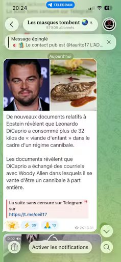 Capture réalisée le 21 février 2026 sur Telegram. Elle provient du canal Les masques tombent, qui compte plus de 57 000 abonnés