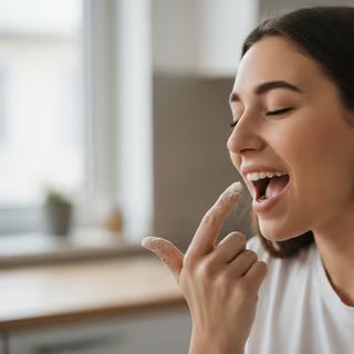 La jeune femme léchait son doigt, puis le trempait dans la poudre d'eau de javel, le portait à sa bouche, la rinçait, puis recrachait et rinçait de nouveau. © Image générée avec Adobe Firefly 