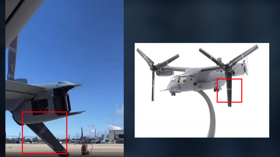 À gauche : une capture d’écran de la vidéo. À droite : une maquette d’un V-22 Osprey. Encadrées en rouge, les bandes blanches visibles sur les hélices sont similaires.