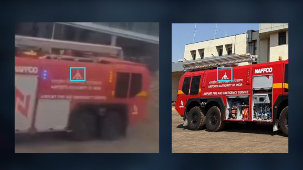 À gauche : une capture d’écran de la vidéo virale. À droite : une photo d'un véhicule de pompiers de l’aéroport de Belagavi, en Inde, partagée sur Facebook. Encadrés en bleu, les deux logos sont identiques.
