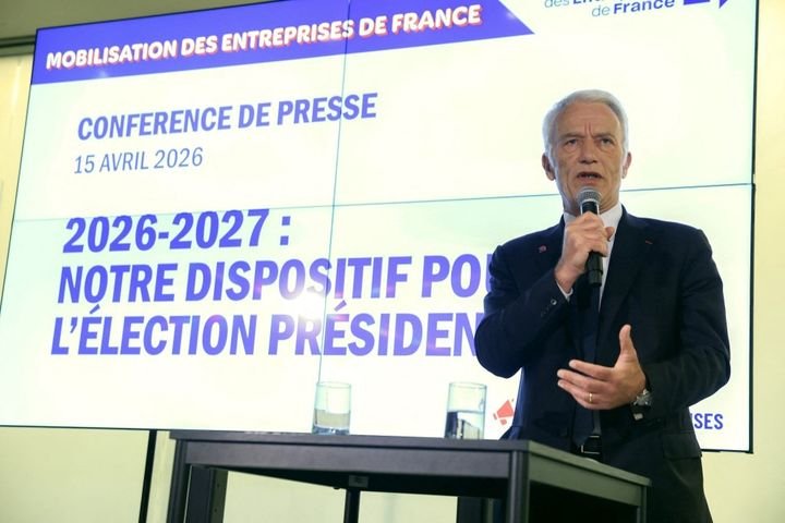Patrick Martin, président du Medef, le 15 avril 2026 à Paris lors d’une conférence de presse sur le dispositif du syndicat pour l’élection présidentielle. (ALAIN JOCARD / AFP)