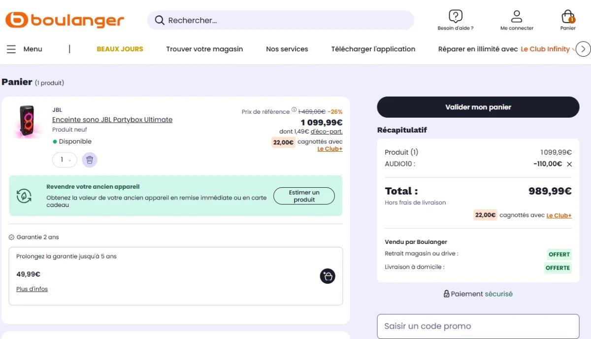 Cette époustouflante enceinte de JBL notée 9/10 par nos soins profite d’une remise de 33 % chez Boulanger 1 capture decran 2026 05 06 160600