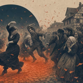 Strasbourg, 1518 : une femme danse sans pouvoir s’arrêter. Bientôt, 400 habitants sont emportés dans sa folie. Image générée à l'aide d'un outil IA. © Xavier Demeersman, ChatGPT