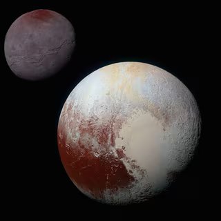Vue globale de Pluton et Charon lors de la visite historique de la sonde New Horizons. © Nasa, SwRI, JHUAPL