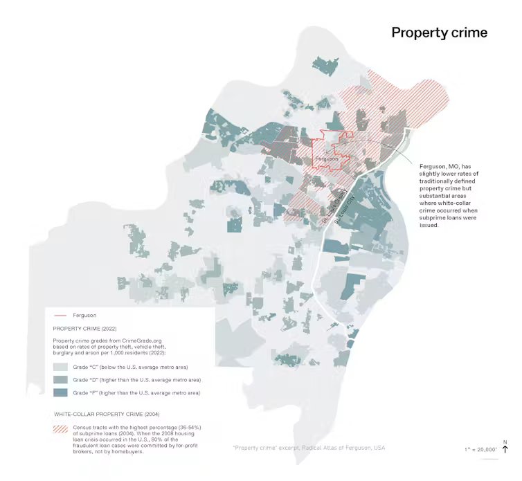 Carte du Missouri mettant en évidence Ferguson et présentant les niveaux de criminalité contre les biens