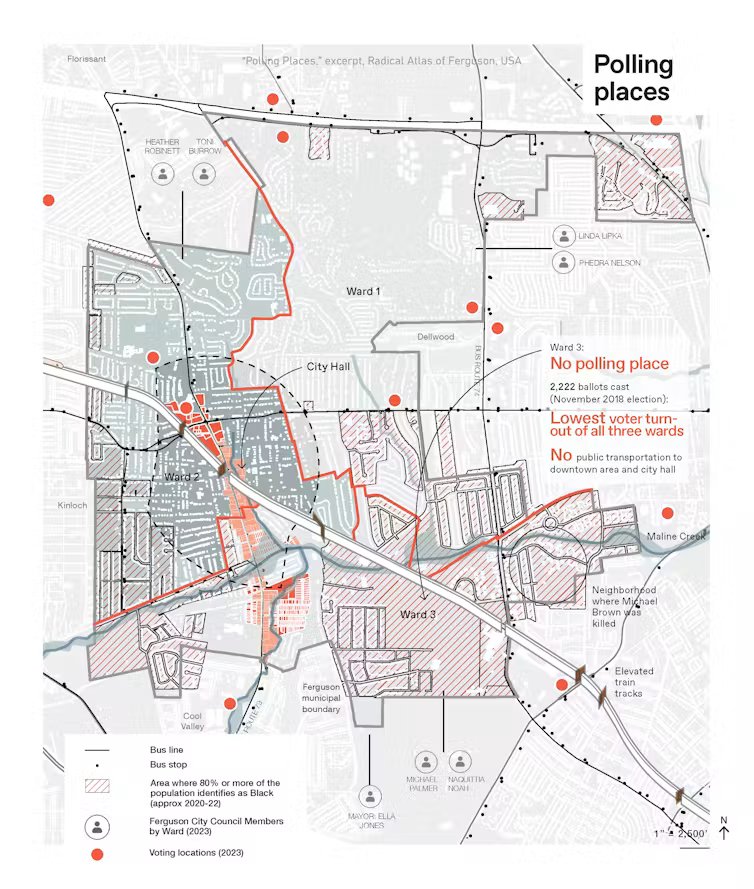 Carte de Ferguson montrant l’emplacement des bureaux de vote, les lignes de transports publics et les quartiers à majorité noire par circonscription électorale